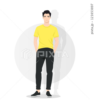 A young man in a bright yellow t-shirt and black pants, giving the image of dynamism and optimism. 121653897