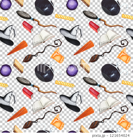 Broom, hat, candle, book and cauldron. Watercolor illustration of a seamless pattern. A set of items on a white background for Halloween. For your design 121654024