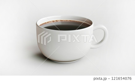 Simple white coffee cup filled with dark liquid rests on a clean, minimalistic surface, ideal for showcasing beverage branding or artistic designs 121654076