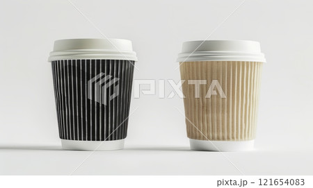 Two coffee cups stand side by side, one in black and the other in light brown, both designed with ribbed textures and white lids, emphasizing simplicity and elegance Two coffee cups stand side by side, one in black and the other in light brown, both designed with ribbed textures and white lids, emphasizing simplicity and elegance 121654083