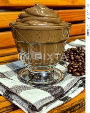 Delicious mocha mousse presented in a clear glass bowl, resting on a checkered napkin next to roasted coffee beans, showcasing a warm and inviting atmosphere 121654088
