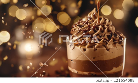 Delicious chocolate mousse is presented in an elegant glass, topped with whipped cream and golden sprinkles. Soft bokeh lights create a festive atmosphere 121654099