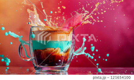 A stunning coffee drink in a glass cup bursts with vibrant colors as it splashes against a bright, colorful background. The mixture creates an artistic display 121654100