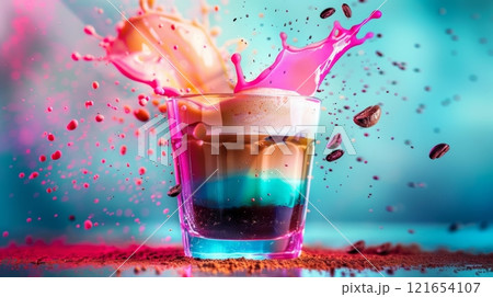 A beautifully layered coffee drink in a modern glass cup creates a striking visual impact with colorful splashes against a vibrant background, showcasing creativity 121654107