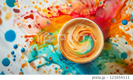 A captivating cappuccino displays beautiful swirls of color on the surface, surrounded by an array of vibrant paint splatters on a white table, creating an artistic atmosphere A captivating cappuccino displays beautiful swirls of color on the surface, surrounded by an array of vibrant paint splatters on a white table, creating an artistic atmosphere 121654111