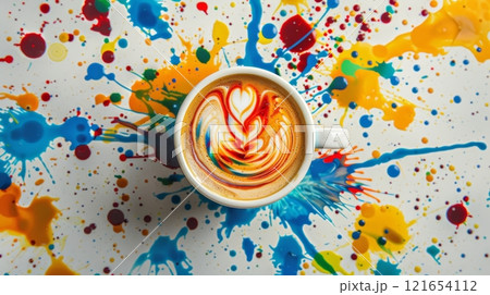 A top-down view of a beautifully crafted cappuccino featuring intricate latte art. The colorful drink rests on a table splattered with bright paint, showcasing creativity A top-down view of a beautifully crafted cappuccino featuring intricate latte art. The colorful drink rests on a table splattered with bright paint, showcasing creativity 121654112
