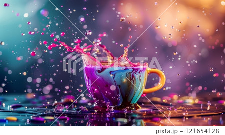 A coffee cup elegantly splashes bright purple liquid against a backdrop of colorful lights, creating an inviting and lively atmosphere perfect for coffee lovers A coffee cup elegantly splashes bright purple liquid against a backdrop of colorful lights, creating an inviting and lively atmosphere perfect for coffee lovers 121654128