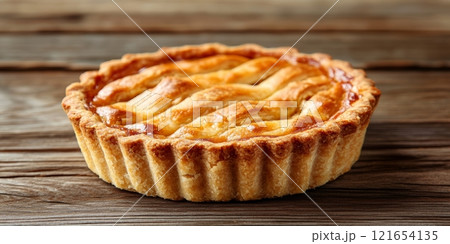 A freshly baked strawberry tart sits elegantly on a rustic wooden table, highlighting its golden crust and vibrant filling, perfect for dessert lovers A freshly baked strawberry tart sits elegantly on a rustic wooden table, highlighting its golden crust and vibrant filling, perfect for dessert lovers 121654135