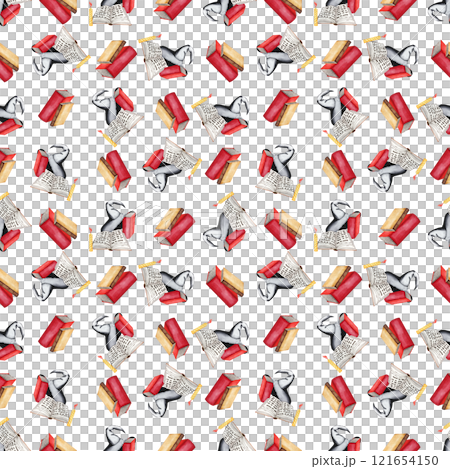 Compositions of hats, books and candles. Watercolor illustration of a seamless pattern for Halloween on a white background. Festive decor. Hand drawing for your design 121654150