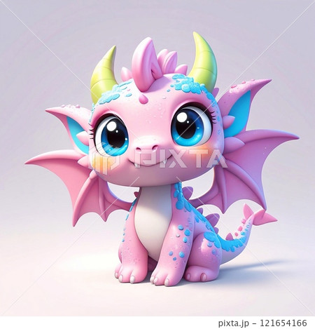 Three-dimensional cartoon character of a dragon child, with glitter on the skin, full length, on a white background 121654166