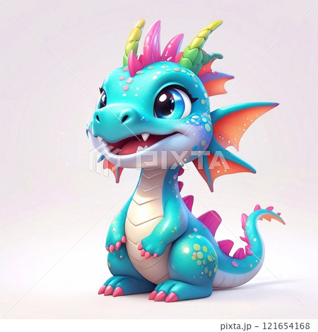 Three-dimensional cartoon character of a dragon child, with glitter on the skin, full length, on a white background 121654168