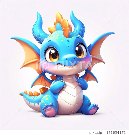 Three-dimensional cartoon character of a dragon child, with glitter on the skin, full length, on a white background 121654171