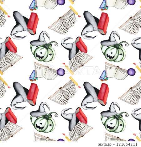 Compositions of pumpkins, hats, books, candles and potions. Watercolor illustration of a seamless pattern for Halloween on a white background. Festive decor. Hand drawing for your design Compositions of pumpkins, hats, books, candles and potions. Watercolor illustration of a seamless pattern for Halloween on a white background. Festive decor. Hand drawing for your design 121654211