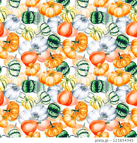 Pumpkins. Watercolor drawing of bright pumpkins. Seamless pattern with vegetables on a white background 121654345