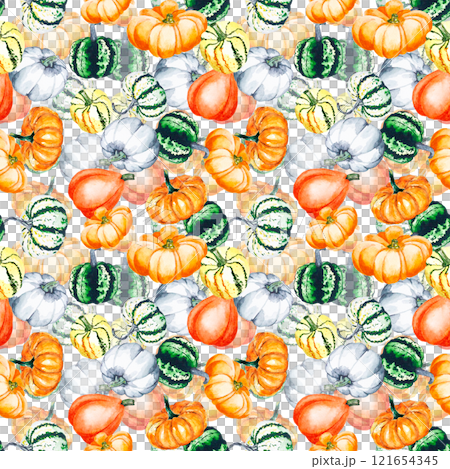 Pumpkins. Watercolor drawing of bright pumpkins. Seamless pattern with vegetables on a white background 121654345