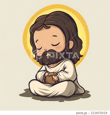 Peaceful Chibi Jesus Illustration in Meditation Pose 121655019