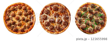Set of isolated three whole meatball pizza on transparent background in top view. Set of isolated three whole meatball pizza on transparent background in top view. 121655998