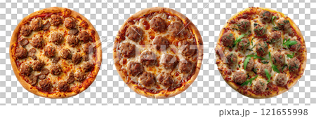 Set of isolated three whole meatball pizza on transparent background in top view. Set of isolated three whole meatball pizza on transparent background in top view. 121655998