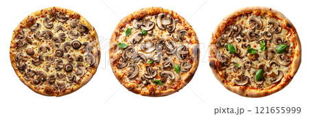Set of isolated three whole mushroom pizza on transparent background in top view. Set of isolated three whole mushroom pizza on transparent background in top view. 121655999