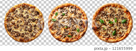 Set of isolated three whole mushroom pizza on transparent background in top view. Set of isolated three whole mushroom pizza on transparent background in top view. 121655999