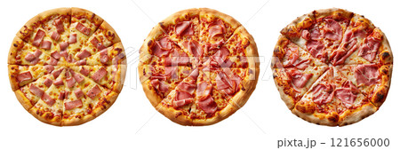 Set of isolated three whole ham pizza on transparent background in top view. Set of isolated three whole ham pizza on transparent background in top view. 121656000