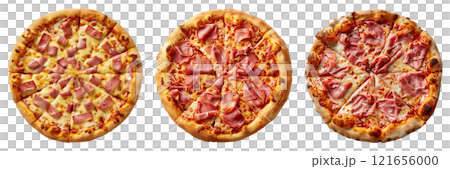 Set of isolated three whole ham pizza on transparent background in top view. Set of isolated three whole ham pizza on transparent background in top view. 121656000