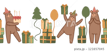 Seamless horizontal border with happy bears in party hats holding gifts and balloons. Festive orange and green colors add a cheerful touch. Vector for birthday surprise decorations. Seamless horizontal border with happy bears in party hats holding gifts and balloons. Festive orange and green colors add a cheerful touch. Vector for birthday surprise decorations. 121657045