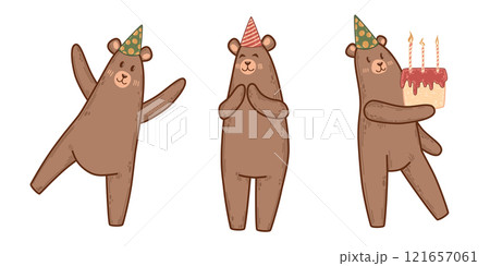 Set of cheerful bears in party hats celebrating a birthday. Includes a bear holding a cake with candles and others expressing joy. Whimsical design for children party invitations and greeting cards 121657061