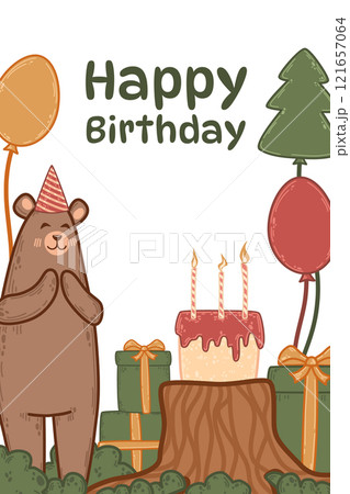 Vector card with a happy bear in a party hat holding gifts and balloons. Birthday design features a forest setting with cake and candles. Perfect for a surprise celebration illustration Vector card with a happy bear in a party hat holding gifts and balloons. Birthday design features a forest setting with cake and candles. Perfect for a surprise celebration illustration 121657064