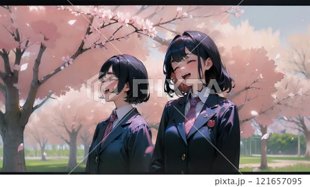 桜の木の下を歩く女子高生達 桜の木の下を歩く女子高生達 121657095