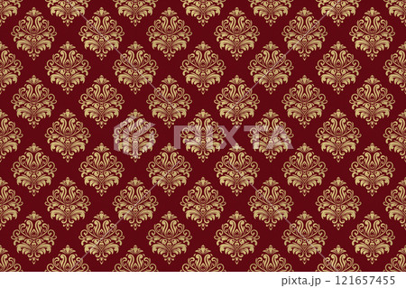 金のダマスク柄のシームレスパターン、赤い背景 121657455