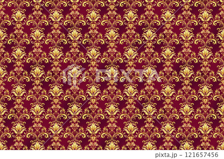 金のダマスク柄のシームレスパターン、赤い背景	 121657456