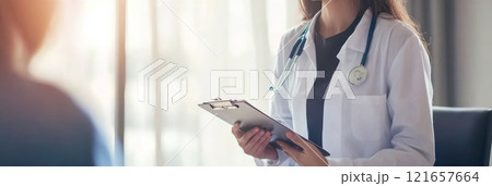 Female doctor wearing lab coat and stethoscope holding clipboard and listening to patient during medical consultation in brightly lit hospital room 121657664