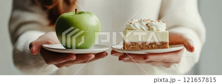 Woman holding two saucers, one with a green apple and the other with cheesecake, showing dietary choices between healthy and sugary treats 121657815