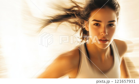 Young female athlete runs with speed and determination, her hair flowing behind her, captured with a motion blur effect that emphasizes dynamism and power in fitness 121657931