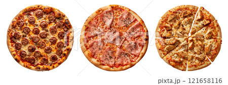 Set of isolated three whole Sausage, Parma Ham, and Chicken pizza on transparent background in top view. 121658116