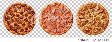 Set of isolated three whole Sausage, Parma Ham, and Chicken pizza on transparent background in top view. 121658116