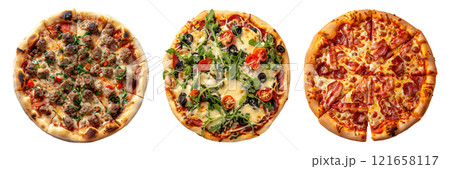 Set of isolated three whole sausage, Veggie, and Bacon pizza on transparent background in top view. 121658117
