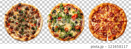 Set of isolated three whole sausage, Veggie, and Bacon pizza on transparent background in top view. 121658117