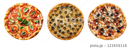 Set of isolated three whole Tomato, Olive, and Greek pizza on transparent background in top view. 121658118