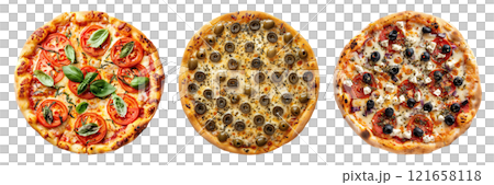 Set of isolated three whole Tomato, Olive, and Greek pizza on transparent background in top view. 121658118