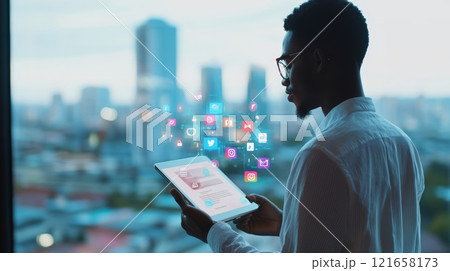 Businessman is holding a tablet with holographic social media icons emerging, showcasing the integration of technology and social networks in a modern office setting with a stunning city view Businessman is holding a tablet with holographic social media icons emerging, showcasing the integration of technology and social networks in a modern office setting with a stunning city view 121658173