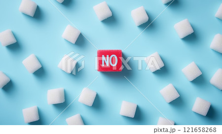 White sugar cubes are surrounding a red cube with the word no representing sugar reduction, no added sugar, and the importance of a low sugar or sugar free lifestyle for health White sugar cubes are surrounding a red cube with the word no representing sugar reduction, no added sugar, and the importance of a low sugar or sugar free lifestyle for health 121658268