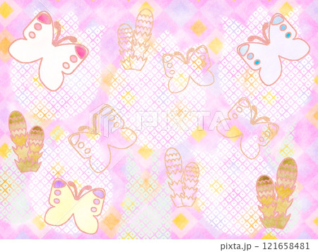 鹿の子絞り文様のチューリップをバックに蝶とツクシのある和風背景 121658481