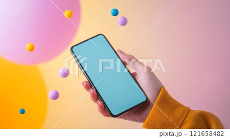 Woman using smartphone with colorful pastel gradient background and floating spheres, showcasing a modern and vibrant concept for mobile technology, apps, and social media marketing 121658482