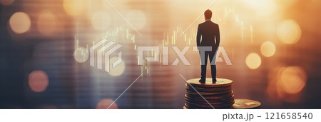 Businessman standing on a stack of coins is watching a growing stock market graph representing the concepts of finance, investment, and economic growth 121658540