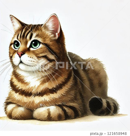 香箱座りしているキジトラ猫 121658948