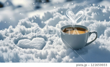 Cup of coffee and heart shape on frosty morning in the snow, holiday theme for Valentine's Day Cup of coffee and heart shape on frosty morning in the snow, holiday theme for Valentine's Day 121659933