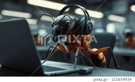 Ant acts as a call center operator while sitting in the office at a laptop 121659934