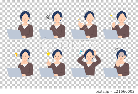 A set of middle-aged women with various expressions and poses while looking at a computer [People vector illustration material] 121660002